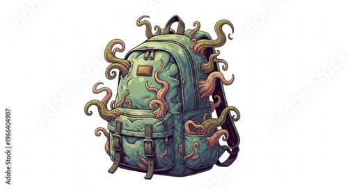 An eerie adventure awaits with this unique backpack, featuring grotesque tentacles unfurling from its compartments, hinting at a bizarre, hidden world within