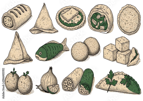 A Diverse Hand-drawn Collection of Savory Snacks and Appetizers from Around the World, Perfect for Any Gathering