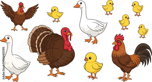 Cartoon Farm Birds Set Featuring Rooster, Turkey, Goose, and Chicks in Fun Illustrations