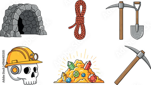 Set of mining and gold prospecting elements with skull and gems