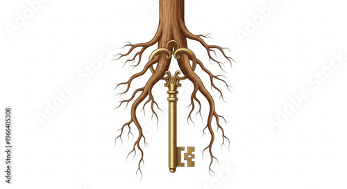 Striking illustration of a vintage golden key intricately intertwined with robust tree roots, symbolizing foundational wisdom, organic growth, and unlocking life's deep secrets