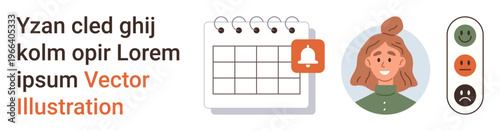 Task management, user engagement, productivity, scheduling, feedback tracking, communication tools. Calendar with reminder icon, portrait of a person and feedback slider with three icons. Task