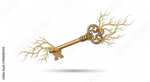Golden antique key with branches extending from its handle, symbolizing growth and discovery