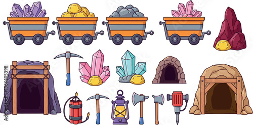 Set of Mining Equipment, Gemstones, and Tools for Underground and Exploration Illustrations