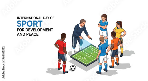 Illustration of children playing soccer around a flat screen with a green field on it for International Day of Sport for Development and Peace with a unity through sports concept.