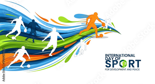 Vibrant illustration of diverse athletes in motion, promoting unity and peace through sports on International Day of Sport for Development and Peace, with a dynamic abstract background.
