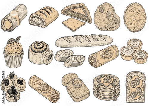 Collection of various baked goods and pastries, including bread, cookies, and cakes