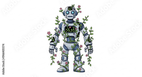 Illustration of a retro robot covered in green vines and pink flowers, symbolizing nature's embrace of technology and the cycle of renewal