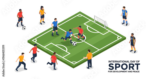 Isometric illustration of diverse people playing soccer on a green field for the International Day of Sport for Development and Peace, promoting unity and social change with a vibrant color