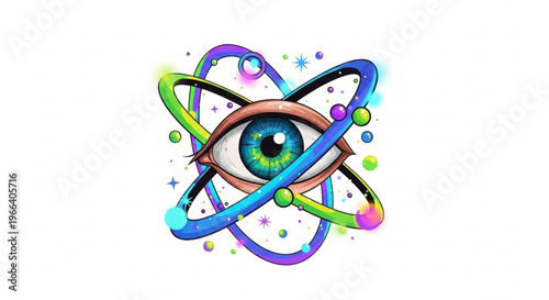 Mesmerizing digital illustration of an all-seeing eye at the heart of swirling neon atomic orbits and sparkling cosmic elements, representing expanded consciousness and scientific discovery