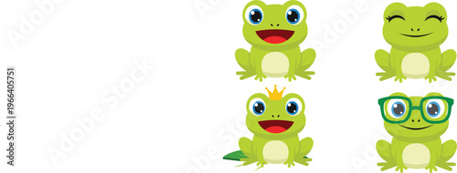 Cute Cartoon Frog Character Set with Various Expressions and Accessories for Animal Illustration