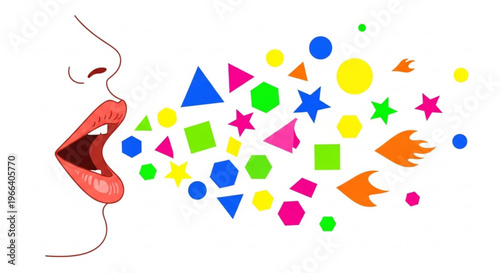 Abstract shapes and colors exploding from an open mouth, symbolizing communication and creativity