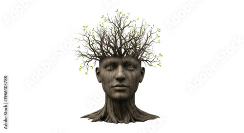 Abstract conceptual image of a human head with a tree growing from it, symbolizing growth, knowledge, and nature