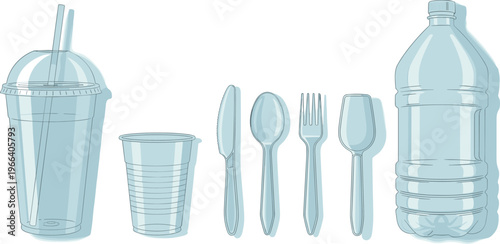 Single use plastic items collection including cup bottle straw and disposable cutlery vector illustration