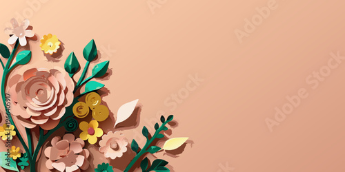 Paper flowers and foliage arrangement against a soft peach background