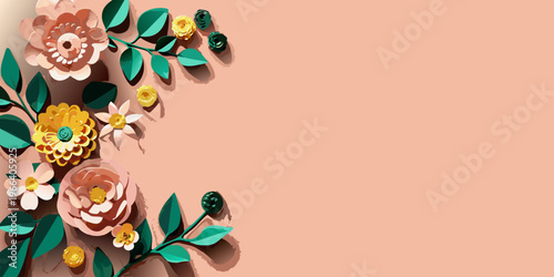 Paper flowers arranged in a corner on a peach background