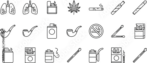 Smoking and Tobacco Illustration Set with Cigarettes, Lighters, Pipes, Matches, and Health Warning Icons