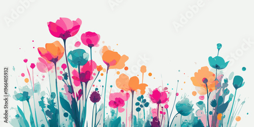 Watercolor floral arrangement with vibrant pink orange and teal blooms