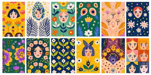 A vibrant collection of floral and portrait patterned digital artworks