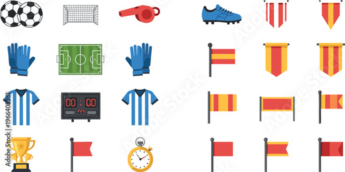 Soccer Game Elements Set with Balls, Goals, Referee Gear, Jerseys, Flags, and Trophies
