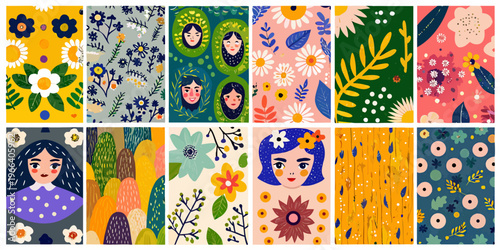 Colorful illustrated patterns featuring floral designs and stylized female portraits