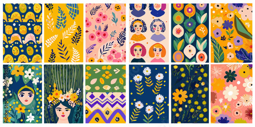 Colorful seamless patterns featuring florals faces and abstract botanical designs