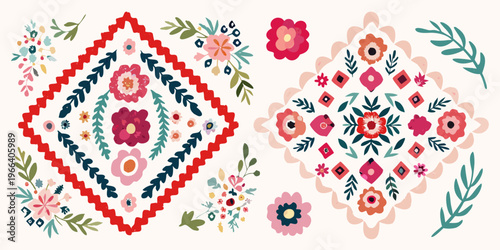 Floral embroidery designs with symmetrical diamond and botanical motifs