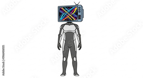 Surreal futuristic robot with a vintage television set displaying colorful abstract art as its head