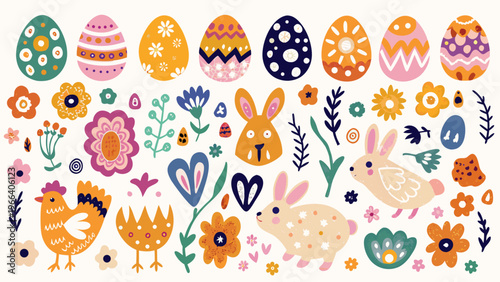 Colorful easter illustration featuring decorated eggs bunnies chickens and floral elements