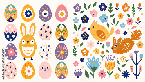 Colorful easter eggs a bunny a chick and floral arrangements