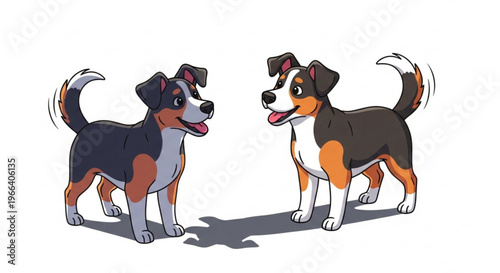 An endearing pair of tri-color puppies with happy expressions, one dark and one light, standing and looking at each other with their tails wagging, embodying playful canine companionship