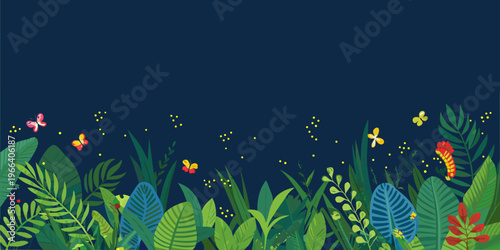 A vibrant stylized jungle scene with colorful flowers and fluttering butterflies