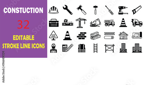Construction icons, editable stroke line icons, 32 black and white construction symbols, building and engineering graphics
