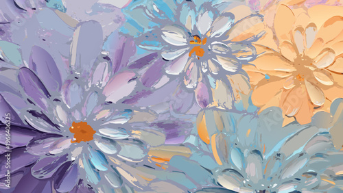 An impressionistic painting of several daisy like flowers in pastel shades