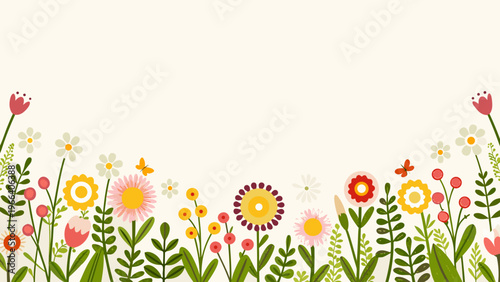 Colorful wildflowers and fluttering butterflies decorate a simple bright background