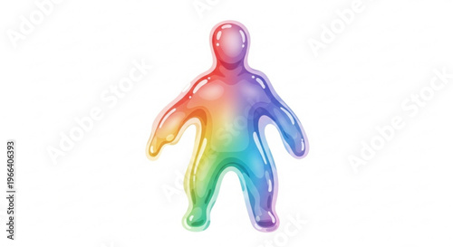 A vibrant, colorful, and translucent human-shaped figure with a rainbow gradient, evoking a sense of joy and diversity