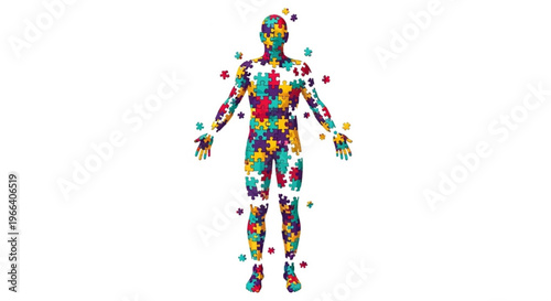 A symbolic depiction of the human form created from numerous colorful puzzle pieces, illustrating concepts of individuality, connection, diversity, and the intricate fabric of identity
