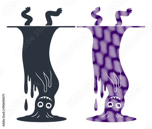 Creepy monster faces, melting black and purple characters, horror elements, graphic illustrations, emotive expressions