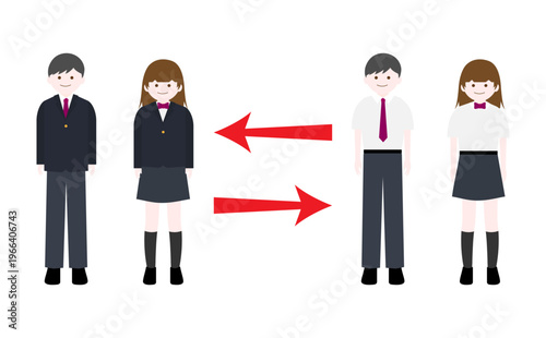 衣替え　冬服と夏服の制服を着た学生のイラスト
