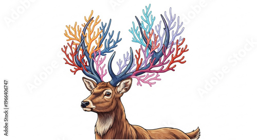 Vibrant illustration of a majestic deer adorned with an elaborate crown of colorful, coral-inspired antlers, symbolizing a unique blend of forest wildlife and aquatic beauty in a fantastical design