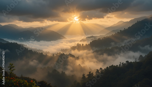 A serene mountain landscape with a breathtaking sunset and sun rays piercing through the clouds