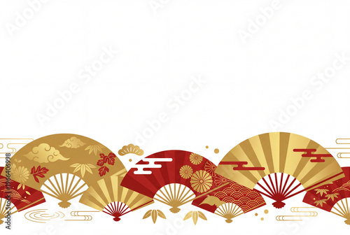 金と赤の扇が下部を彩る和風お祝い背景素材 華やかな慶事デザイン