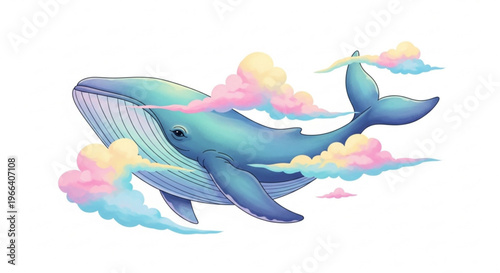 A serene, majestic blue whale gracefully swims through a sky filled with soft, pastel-colored clouds, evoking a dreamlike, ethereal atmosphere