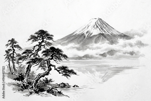 富士山の水墨画 松と湖越しに望む雄大な富士を描いた日本の伝統墨絵風景