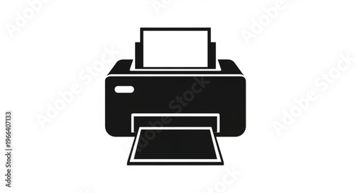 A black and white vector graphic illustration of a modern printer with a sleek design