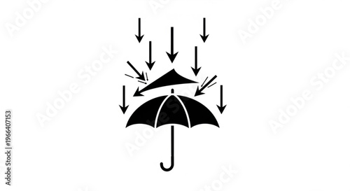 A minimalist vector graphic illustration of two umbrellas protecting against heavy rain with arrows.