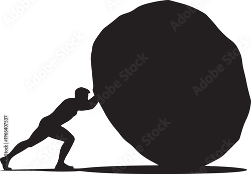 A strong man exerts force by pushing a rock hard.