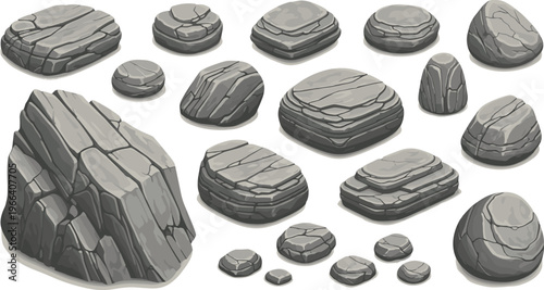 Stylized gray rocks in varied shapes and sizes with layered textures, angular and rounded forms for digital art