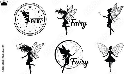 Fairy silhouettes set with wings magic wand and decorative badges isolated on white background, fantasy vector illustration for logo design