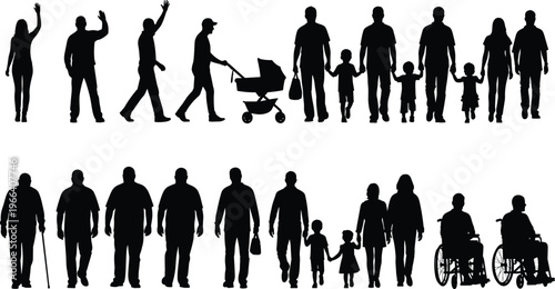 Diverse people silhouettes set including families elderly and wheelchair users walking isolated on white background, inclusive lifestyle vector illustration collection